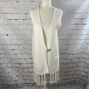 Les Tricots Sweater Womens Large Vest‎ Ivory Fringe Pockets V Neck Cardigan